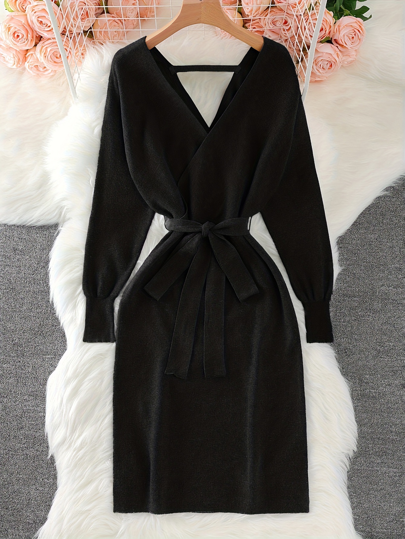 Women's Solid Color Knitted Dress With Bow Belt V Neck Long Sleeve Fashion_voghion.com