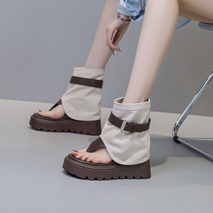 2026 Summer New Style Thong-Toe Leather Buckle Flat Platform Hidden Heel High-Top Boot with Back Zipper Fashion Sandals