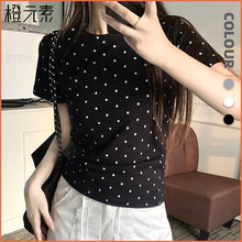 橙元素圆领波点印花短袖T恤女夏设计感韩版洋气百搭修身显瘦上衣