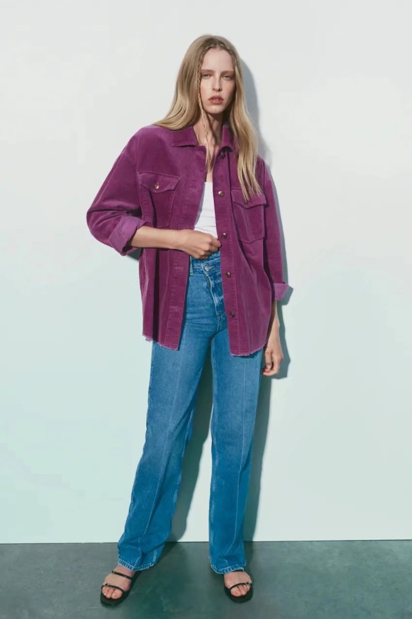 women s raw edge double pockets corduroy shirt jacket nihaostyles wholesale clothing NSAM82863