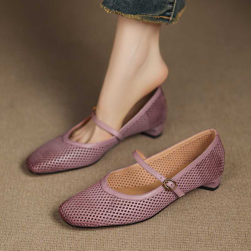 Summer Is Also Very Breathable First-Layer Cowhide Work Shoes 2025 Thick Low Heel Cut Out Woven Hole Professional Shoes for Women