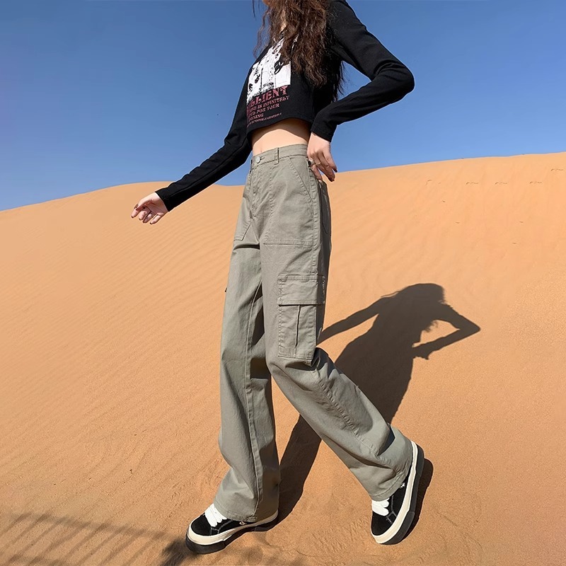 卡其色阔腿工装裤女高腰显瘦运动休闲直筒裤2025秋季百搭|undefined