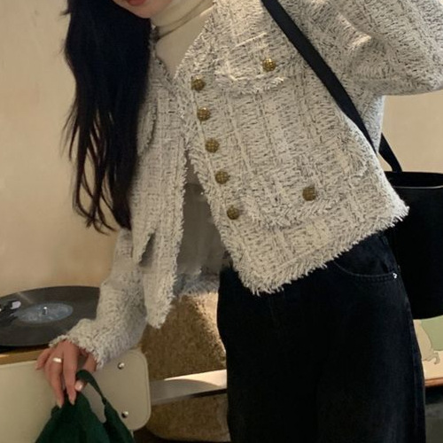 French New Style Jacket for Small Women, Spring and Autumn New Style, Tweed Plaid Temperament, New Style Tassel Top, Sweet