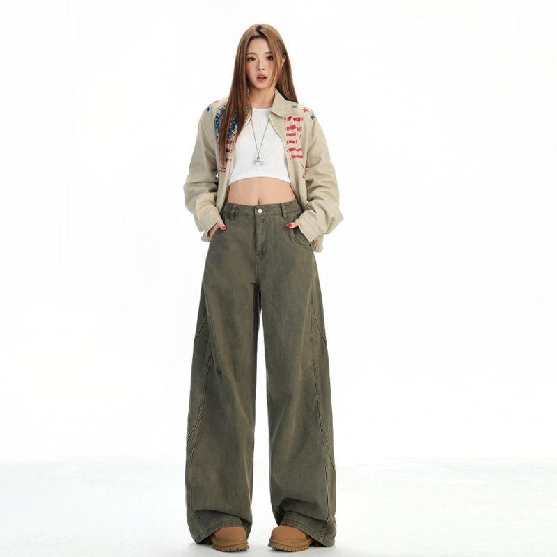 Shangya's New Military Green American Retro Washed Distressed Jeans for Men and Women Loose Straight Wide-Leg Pants
