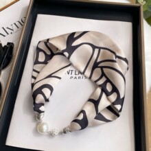 春夏韩版磁吸扣丝巾女珍珠扣领巾印花时尚百搭围脖高级感小长条