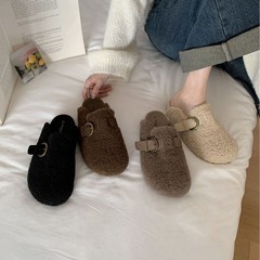 磨砂真皮羊羔毛毛毛拖鞋女外穿加绒2025冬季厚底增高包头拖鞋