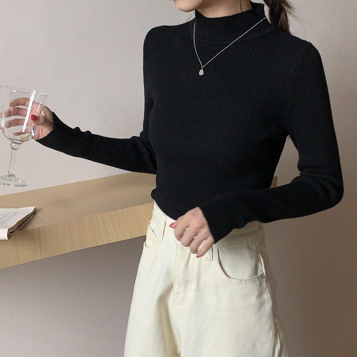 High Neck Long-Sleeved Slim Pullover Wool Top NSFYF85663