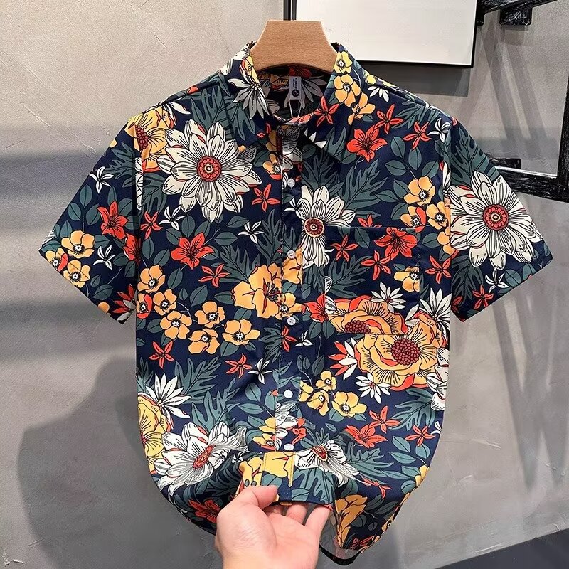 Hong Kong Style Vintage 80S Short-Sleeved Cuban Collar Floral Shirts for Men and Women Yuppie Retro Interesting Shirts