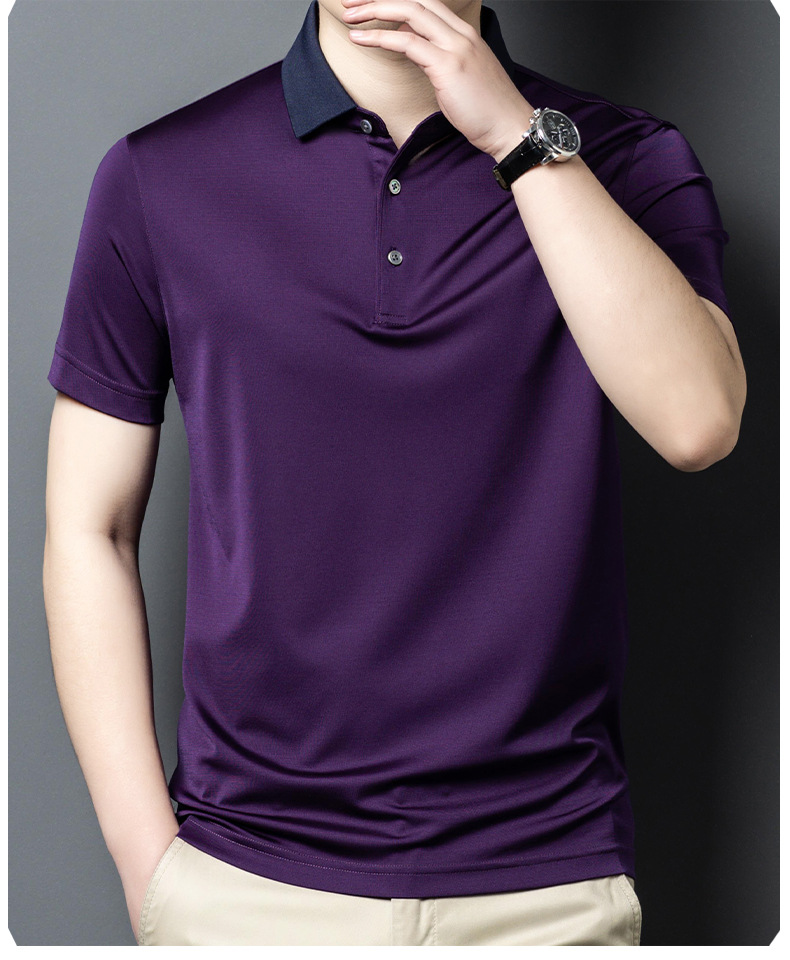 Áo polo nam tay ngắn lụa dâu tằm mỏng nhẹ, không đường may, form tay lỡ thoải mái — Màu xanh lam 25087 chi tiết 12