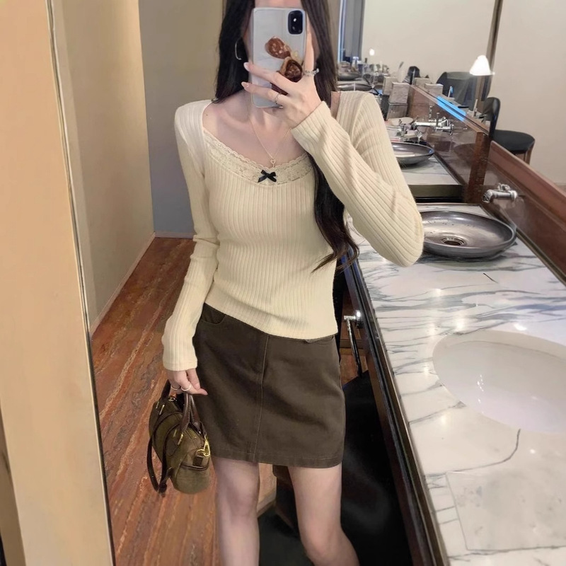 [Factory in stock] Lace Lace Shoulder Long Sleeve T-Shirt Women's Spring and Autumn Slim Fit Inner Base Shirt Top