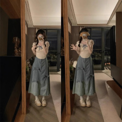 大きいサイズの色の襟の不規則な上着の韓国系の蝶結びのデニムの半身のスカートの2つのセット