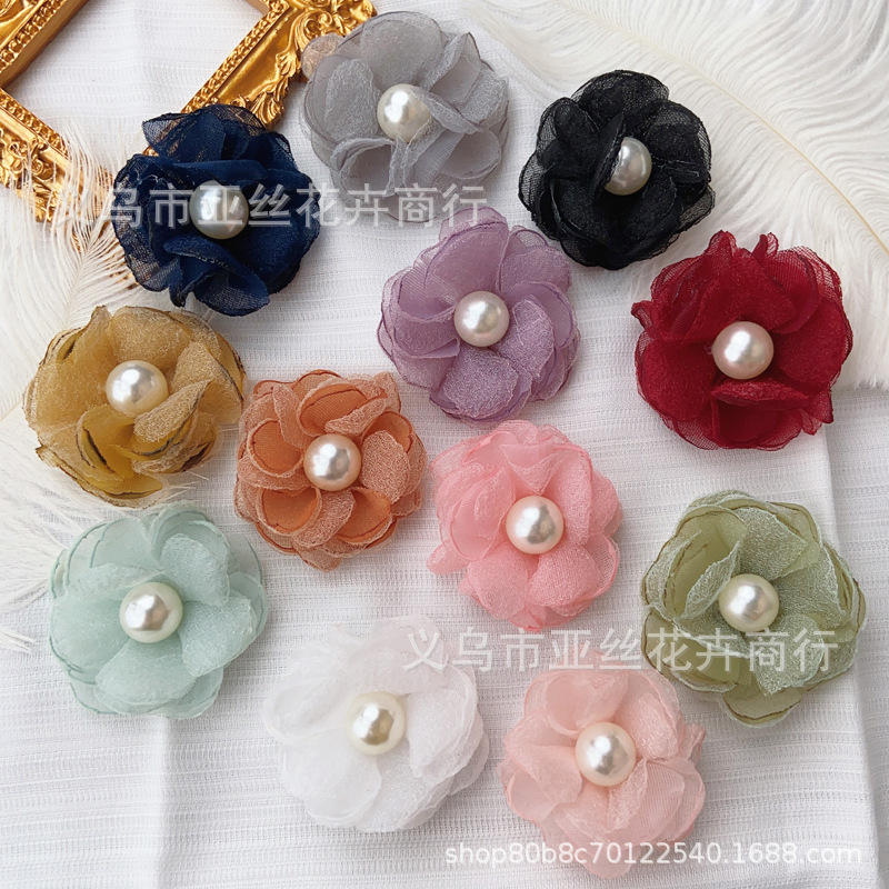 High-end Pearl yarn Flower Korean style hand-burnt edge fabric flower diy chiffon hairpin accessories accessories earrings jewelry
