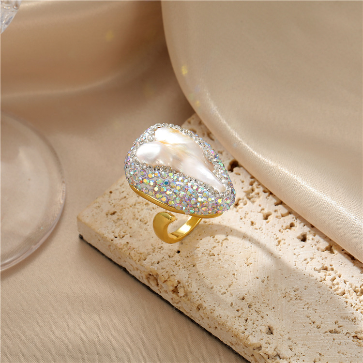 Retro Geometric Copper Plating Natural Stone Pearl Shell Open Ring