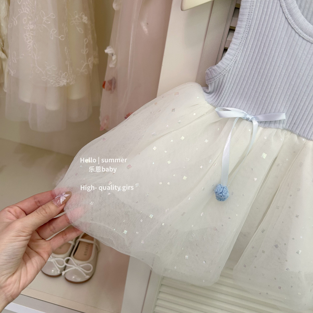 [Le En baby] 2025 verano niña azul falda de malla falda de chaleco de estilo occidental de moda falda de princesa de moda