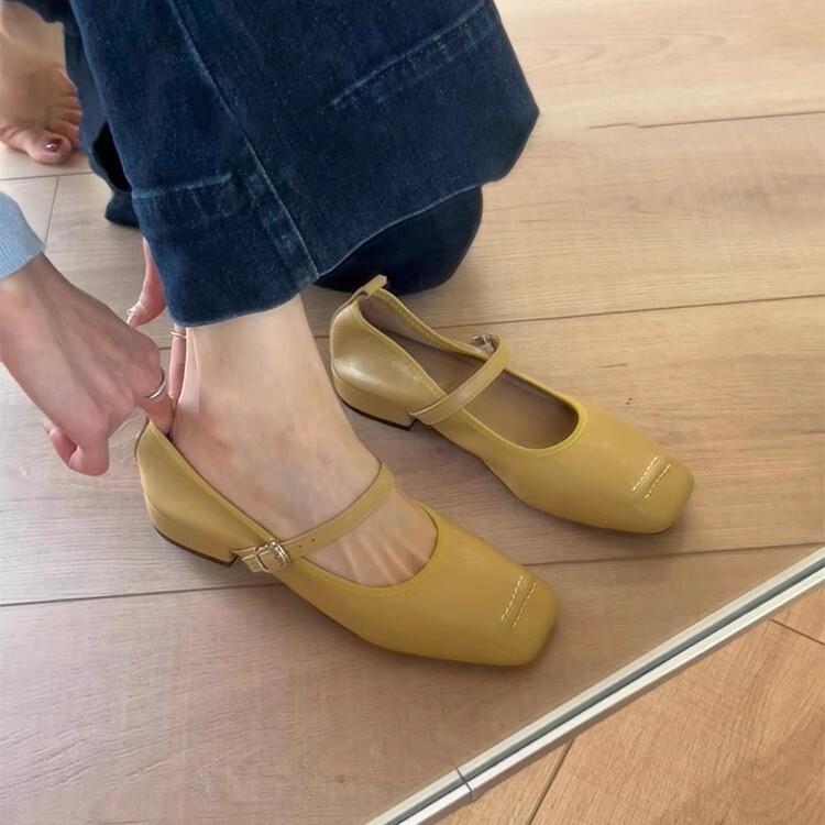 Sheepskin version ~ soft leather comfortable Mary Jane shoes women's square head temperament all-match small single-layer shoes low heel leather shoes