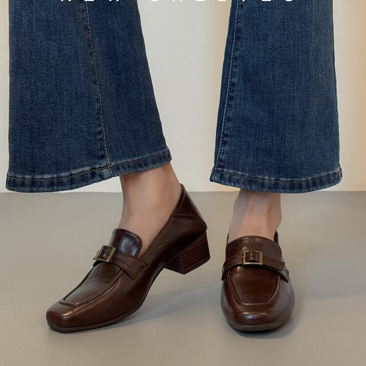 Cowhide Square-Toe Loafers for Women 2026 Spring and Autumn New Style Commuter Chunky Heel French-Style Versatile British-Style Leather Shoes