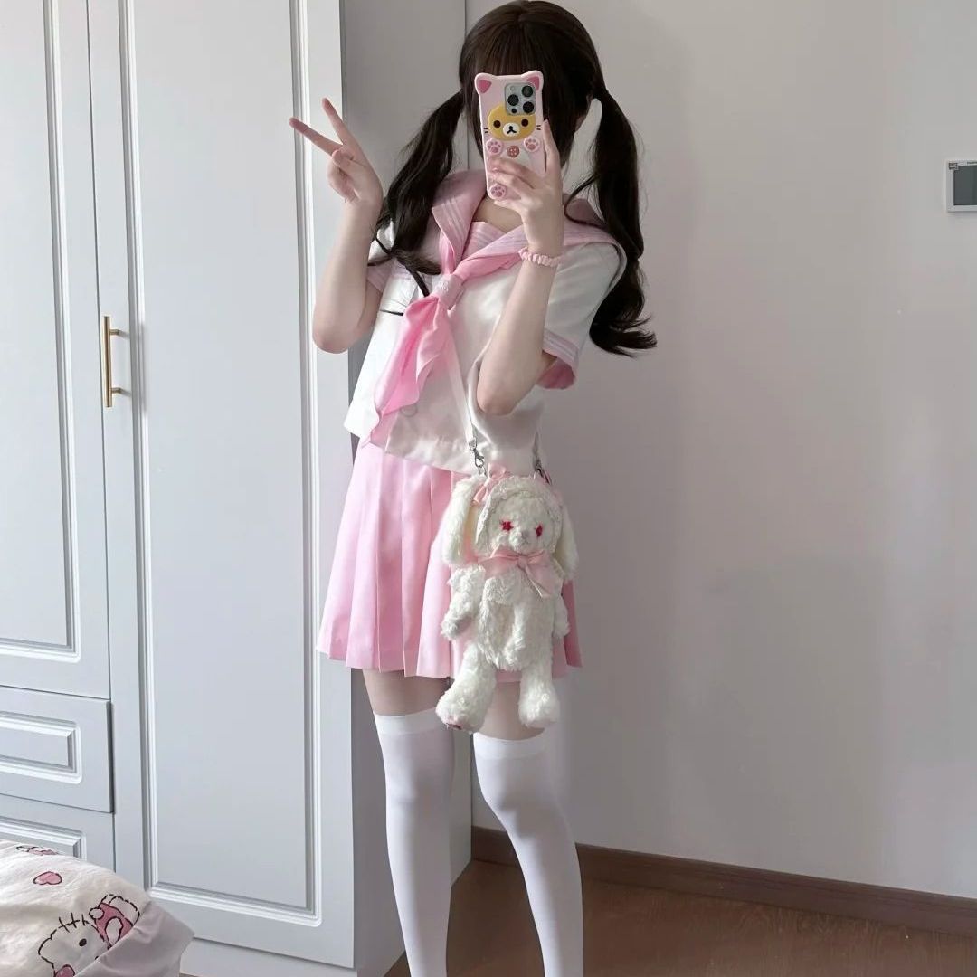 日系JK水手服粉色三本软妹夏季原创学院jk制服短袖套装正统班服女