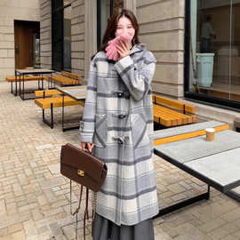 韩版格子双面连帽毛呢外套女2025冬季新款慵懒宽松中长款毛呢大衣