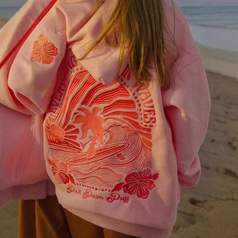 New Professional Embroidery Dingz Cross-Border European Size Drop Shoulder Sleeve Ribbed Coconut Wave Pattern Hooded Sweatshirt Jacket New Professional Embroidery Dingz Cross-Border European Size Drop Shoulder Sleeve Ribbed Coconut Wave Pattern Hooded Sweatshirt Jacket