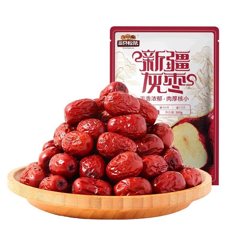Three Squirrels Xinjiang gray dates 500g washed red dates snacks dried dates dates crispy dates milk dates