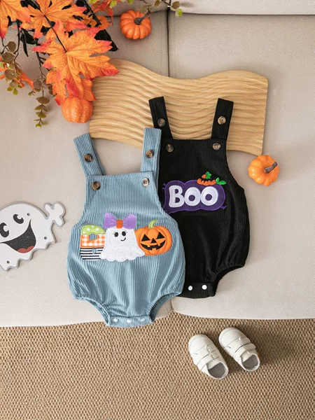 Cross-Border 26-Year Summer Halloween Infant Baby Boy and Girl Suspenders Corduroy Embroidered Pumpkin Cute Romper