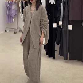 老钱风大码亚麻西装套装女2026新款宽松西服马甲外套阔腿裤三件套