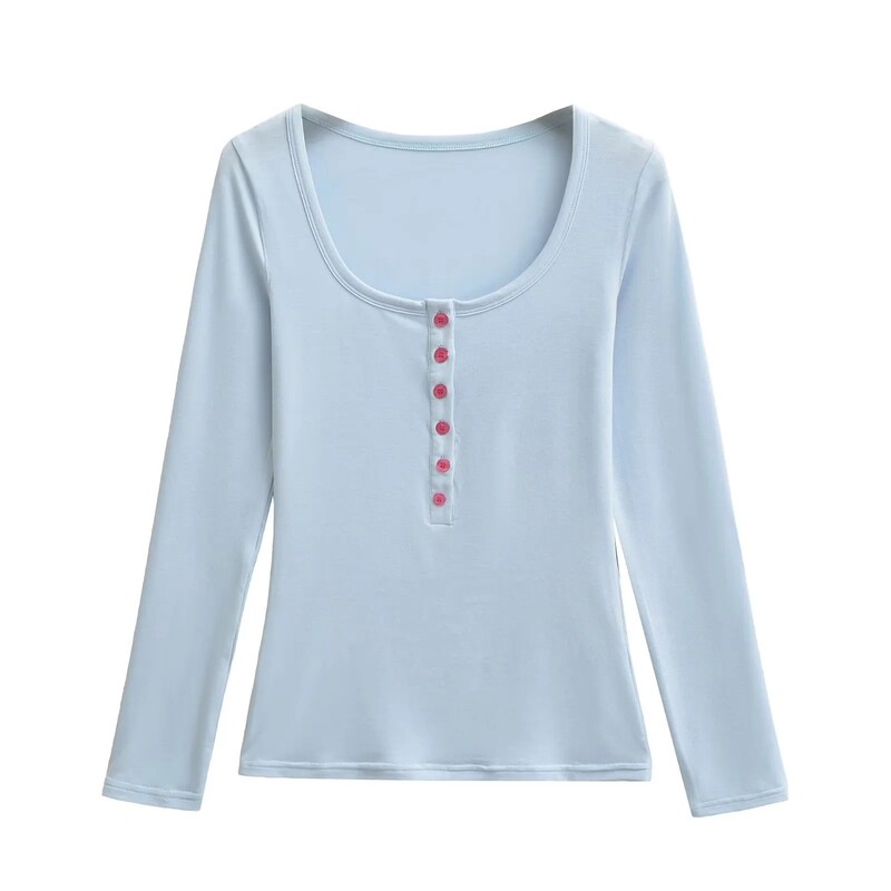 Trendy Slim-Fit Henley Neck Long-Sleeve T-Shirt for Women with Colorful Buttons, Half-Open Front, Short Top