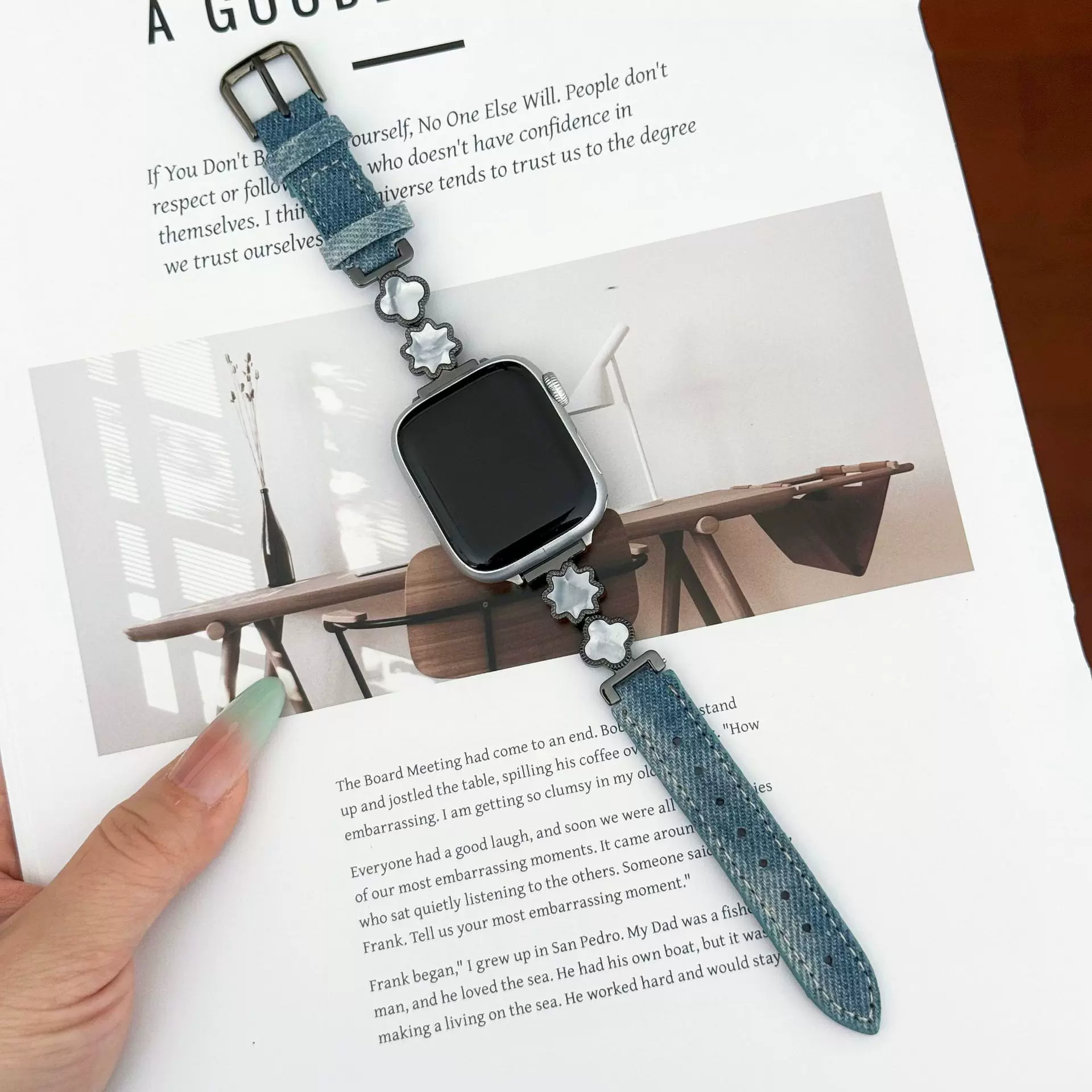 牛仔扎染拼金属贝母表带适用苹果手表iwatch10代9876女款时尚腕带