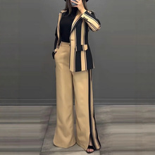 亚马逊2024秋季欧美外贸新款女装时尚气质优雅条纹西装两件套批发