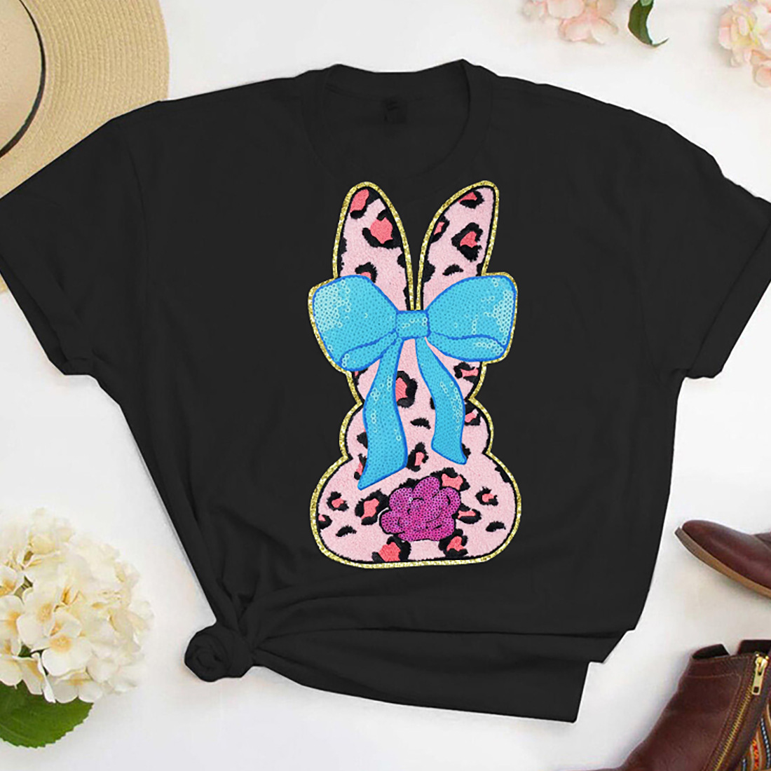 复活节布贴亮片蝴蝶结辅料毛巾绣兔子刺绣绣花布贴大图案格丽特底