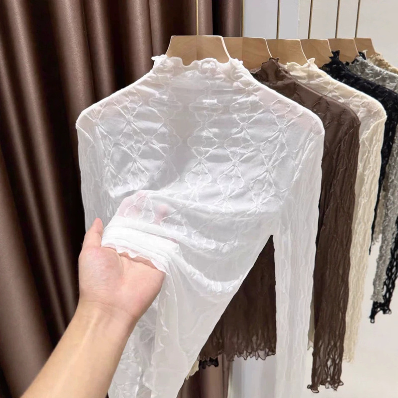 Hollow-Out Mesh Lace Long-Sleeve Top with Semi-High Collar and Ruffled Design, Women's Fitted Base Layer Shirt Hollow-Out Mesh Lace Long-Sleeve Top with Semi-High Collar and Ruffled Design, Women's Fitted Base Layer Shirt