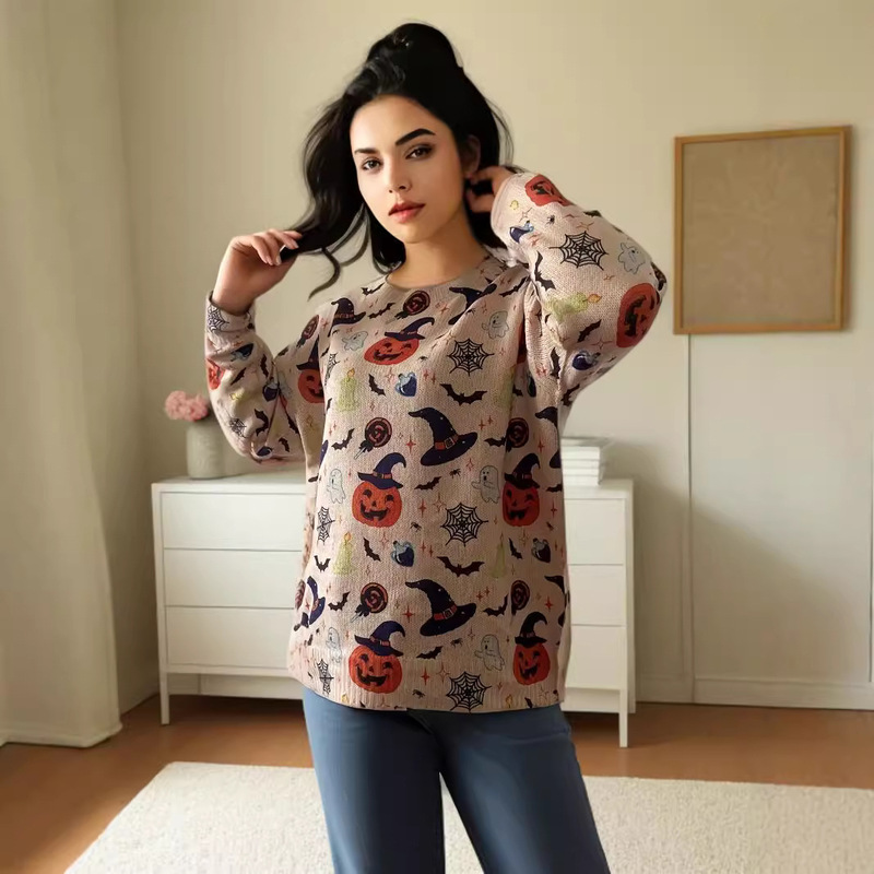 2024 Autumn/Winter Independent Station Amazon Halloween Mythical Creature Print Cartoon Round Neck Long Sleeve Sweater for Women with 3D Print