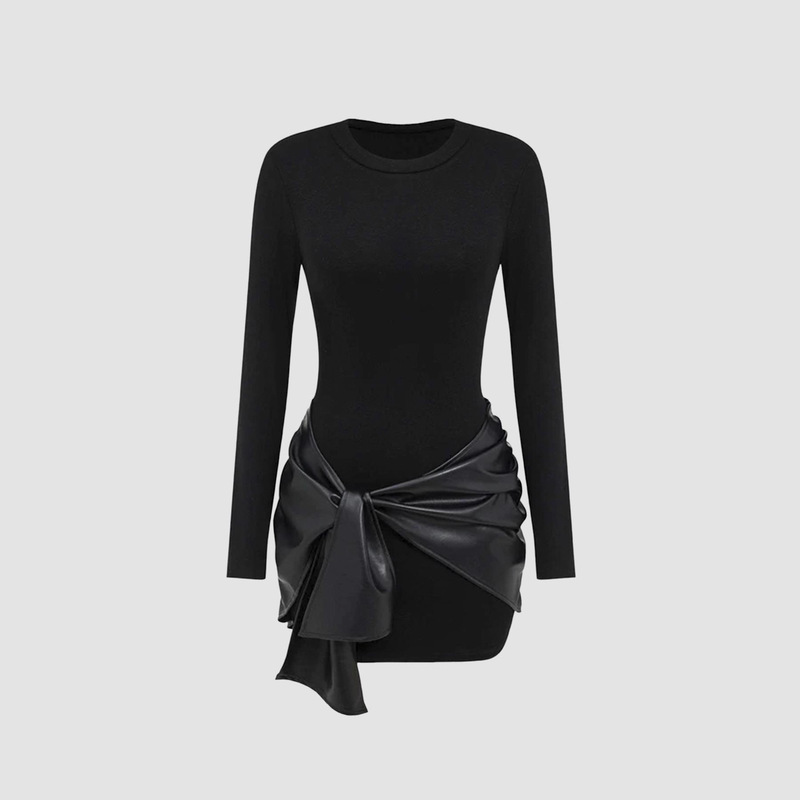 European and American Cross-Border Spring and Autum Women's Long-Sleeved Pure Color Fashionable Pu Ribbon Elegant Slim Waist and Hip Dress for Women