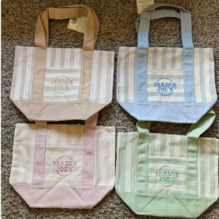 Trader Joe&rsquo;s Mini Tote Bag Canvas Summer Edition Pink Blue