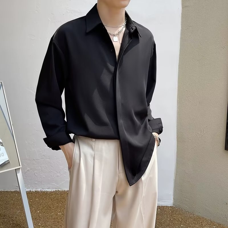 韩版男士衬衫简约百搭纯色长袖衬衣垂坠感宽松薄款上衣开衫春夏季