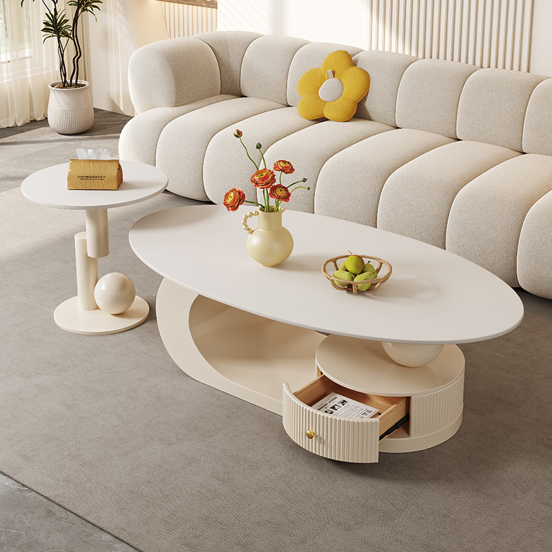 Mesa de té de tabla de roca ovalada para la sala de estar de lujo ligero doméstico moderno nuevo tipo simple de casa pequeña combinación de mesa de té de crema