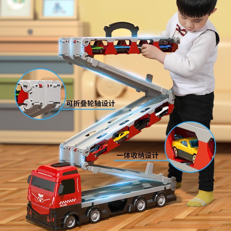 Transforming Track Car Toy Folding Track Storage Alloy Ejection Car Children's Container Transport Truck for Boys