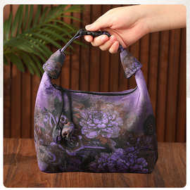 可定制大容量香云纱月牙包斜挎包中国风复古抽绳新国风包腋下包