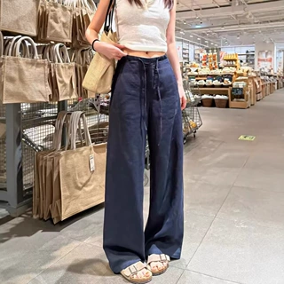 天丝棉麻阔腿裤女夏季薄款小个子抽绳窄版休闲裤速干防晒直筒裤子