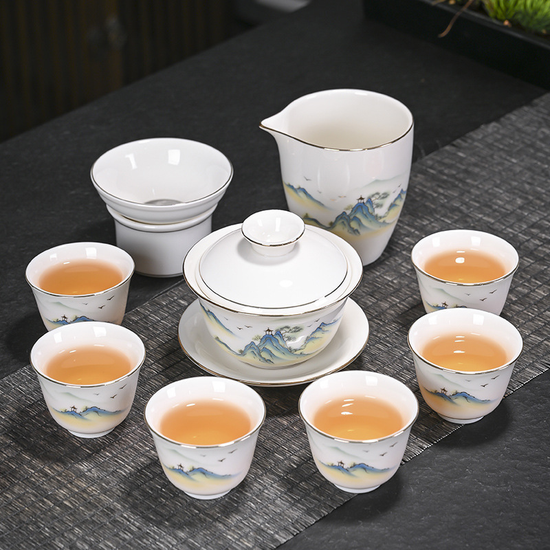 Sheng Xiang New products landscape Porcelain ceramics tea set Suet jade Cover bowl 10 a complete set tea utensils suit Gift of tea glass