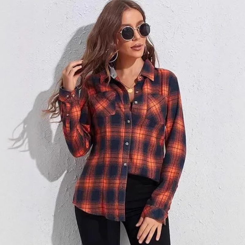 2026 Spring and Autumn Flannel Long Plaid Shirt Casual Top European and American Cross-Border Trade Women's Shirt