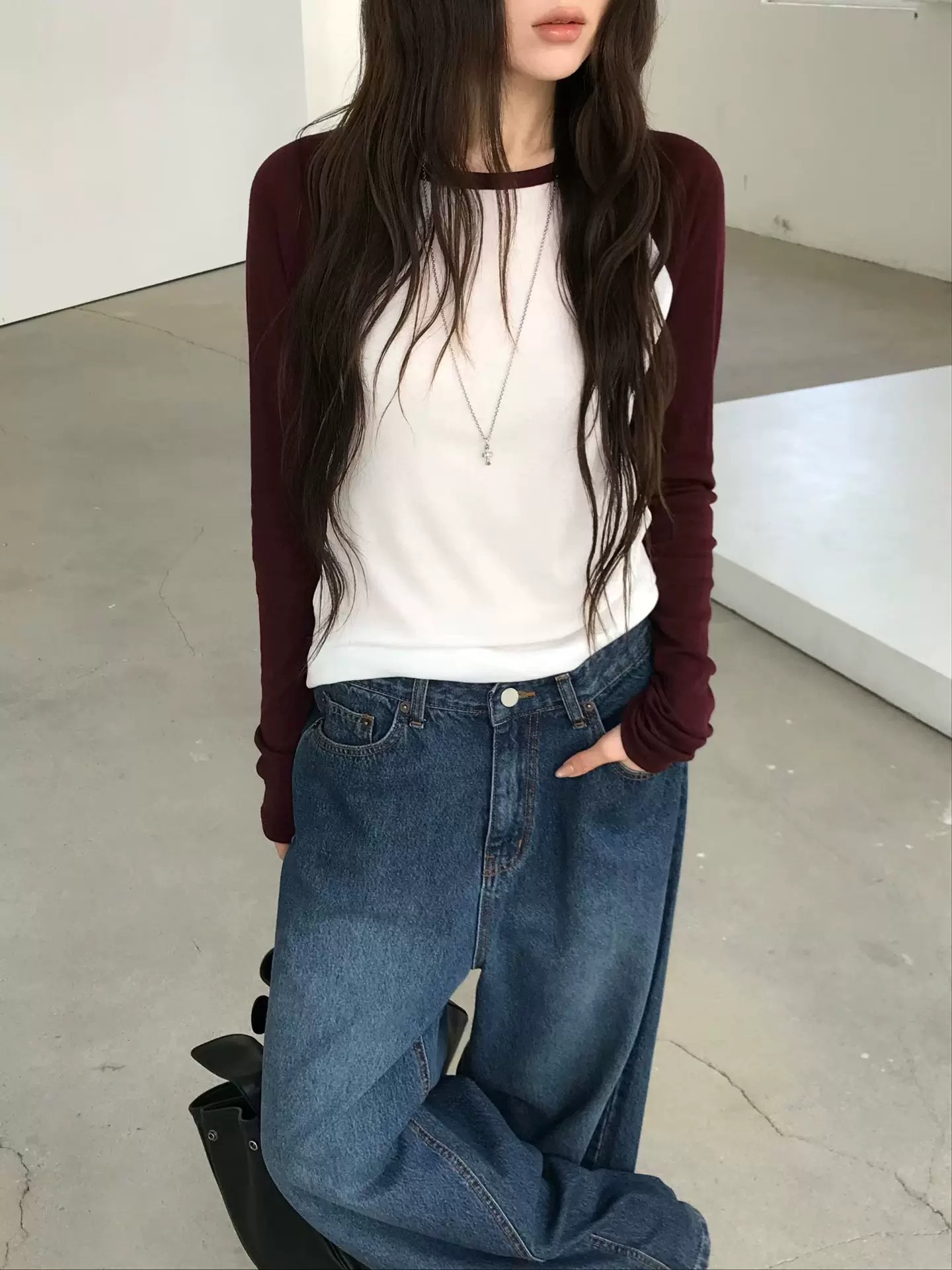 Korean-style nuese autumn Tencel raglan sleeve color-blocked long-sleeve T-shirt, youthful and fashionable base shirt top