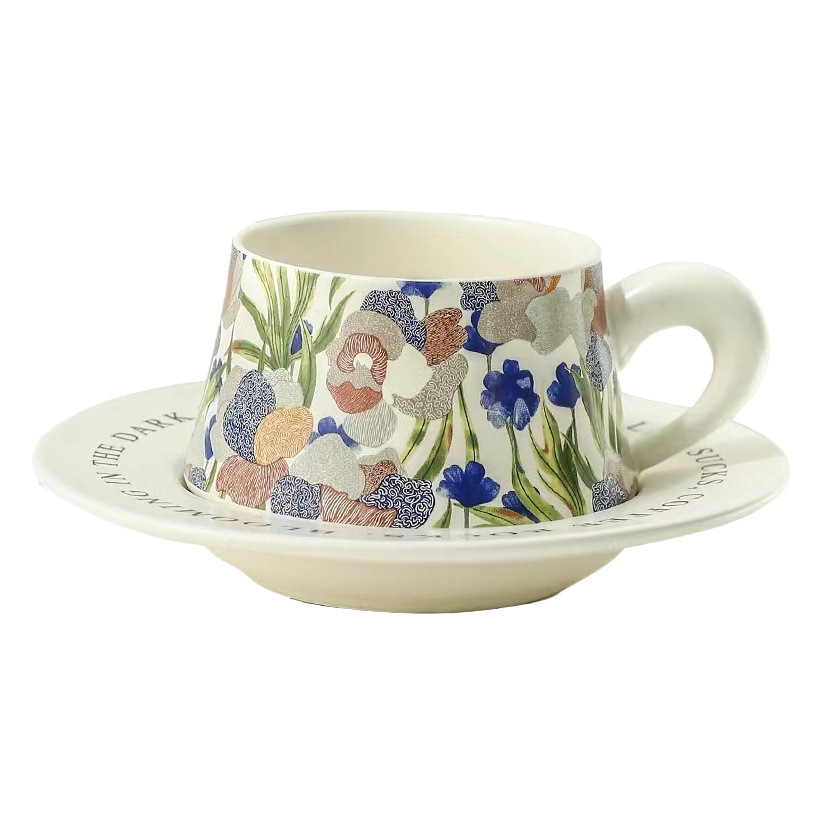 Taza de Café y Plato de Postre de Cerámica de Estilo Retro Original de Diseño Colaborativo de Fabricante 2025, con Diseño de Acuarela Moderno