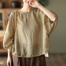 亚麻上衣天丝棉麻女蝙蝠袖气质法式文艺宽松透气套头T恤超轻防晒
