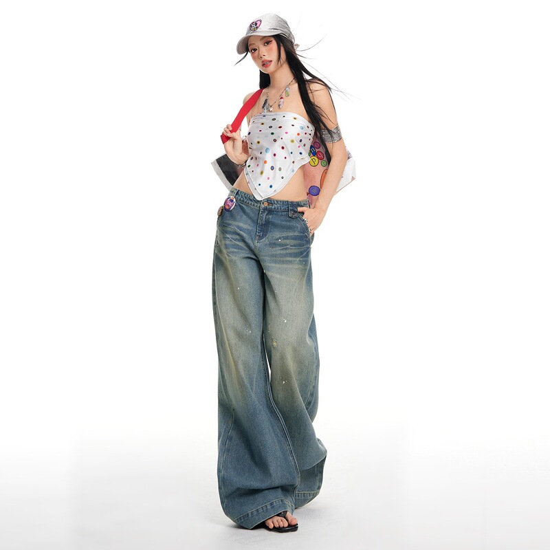 2026 Summer New Trendy Vintage Straight Loose Low-Waist Washed Tailored Handmade Coated Fashion Jeans for Women