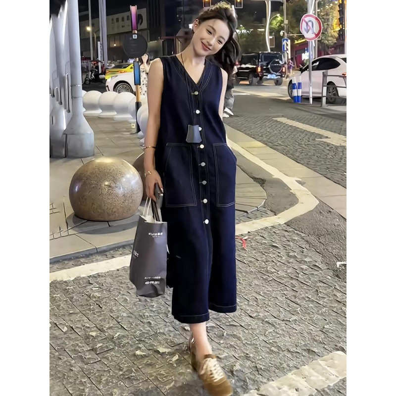 ノースリーブデニムドレス女性の新しい夏の軽い高級感見栄えの良い気質ロングスカート女性の春と夏|undefined