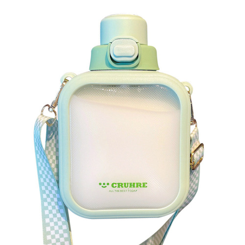 Large-capacity square plastic water cup for girls, cross-body strap, straw cup, high-value sugar cube, sports children's drinking kettle