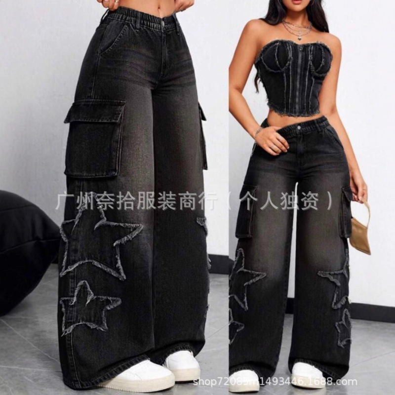 available Cargo jeans设计款女士口袋工装牛仔裤宽松阔腿裤批发|undefined