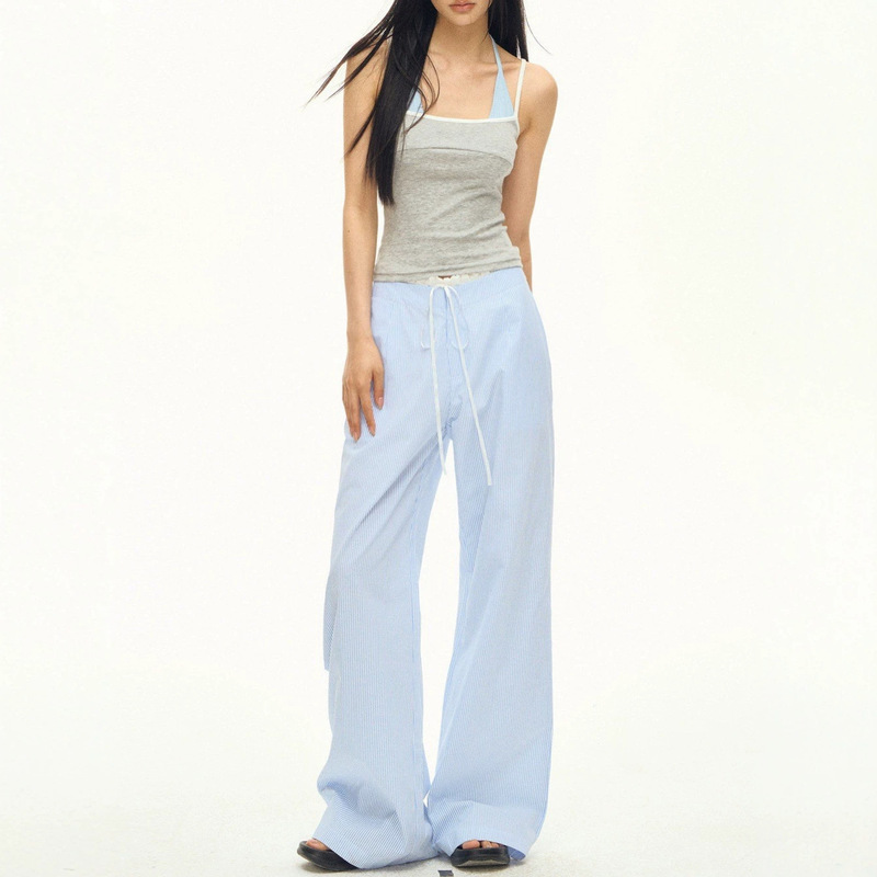 101Passio Light Blue Striped Pants for Women, New Summer Style, Loose Straight-Leg Casual Wide-Leg Long Pants with Ruffled Edges