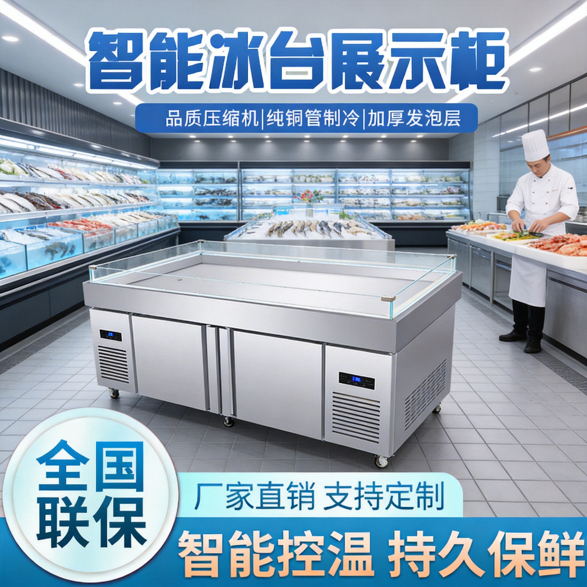 Seafood Ice Display Refrigerator, Supermarket Fresh Ice Display Counter, Horizontal Ordering Counter, Freezer Cabinet, Preservation Cabinet, Quick Freezing Cabinet